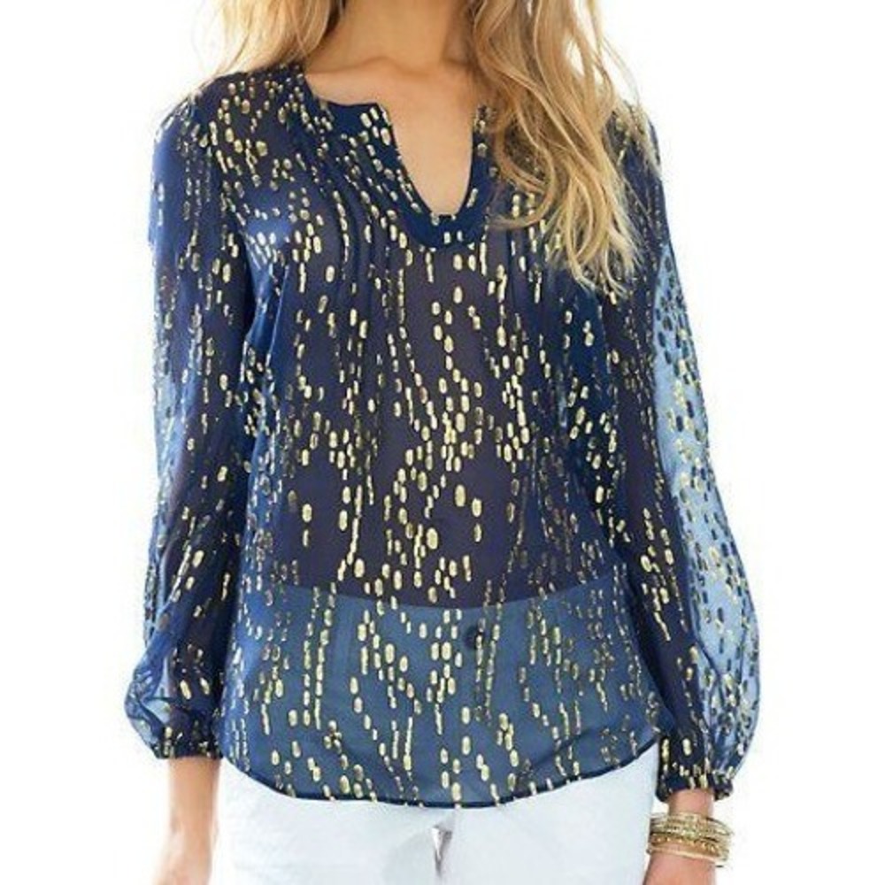 Lilly Pulitzer Navy Gold Colby Blouse Top Split Neck Metallic Silk Size Medium